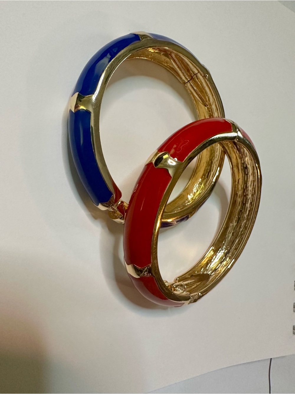 Gold-Tone Red & Blue Enamel Hinged Bangle Set